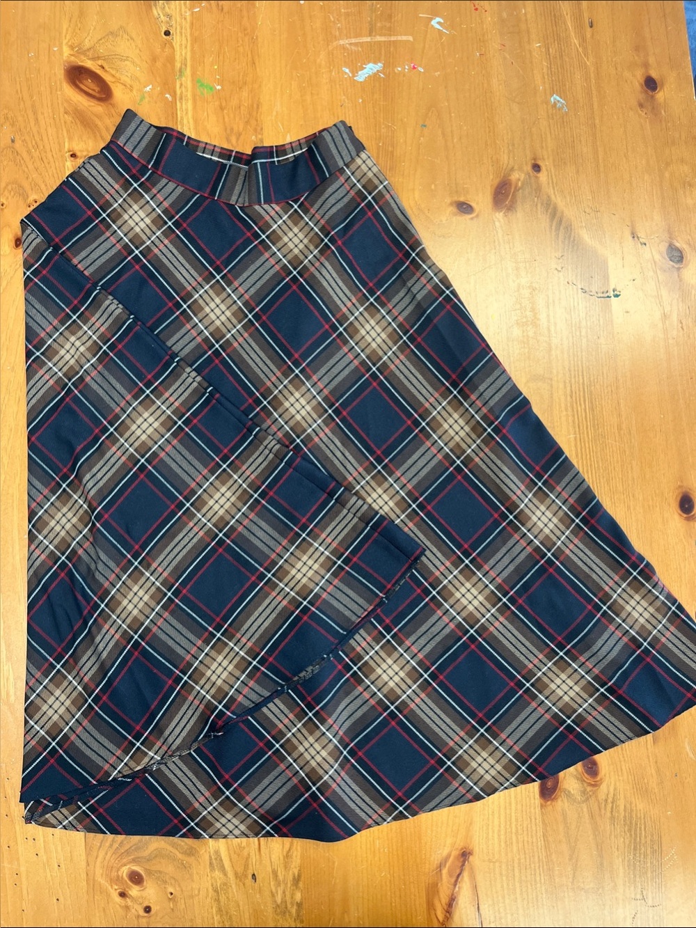 Primark Navy Plaid A-Line Midi Skirt with Brown and Red Accents